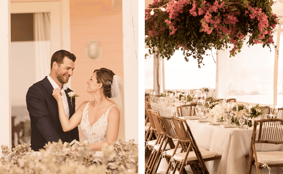 bride and groom and reception tables set up