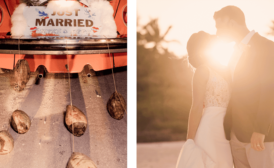 coconuts on the back of car and bride and groom kissing