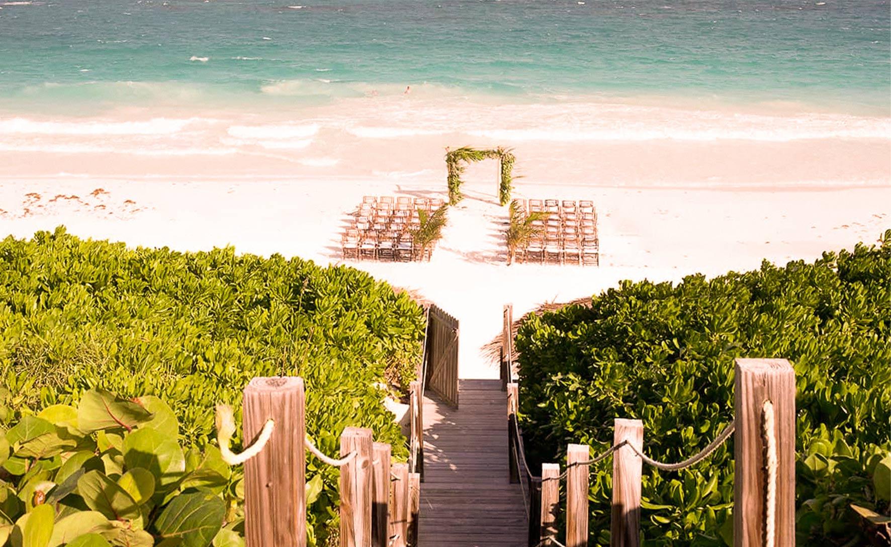 view of ceremony set up on the beach