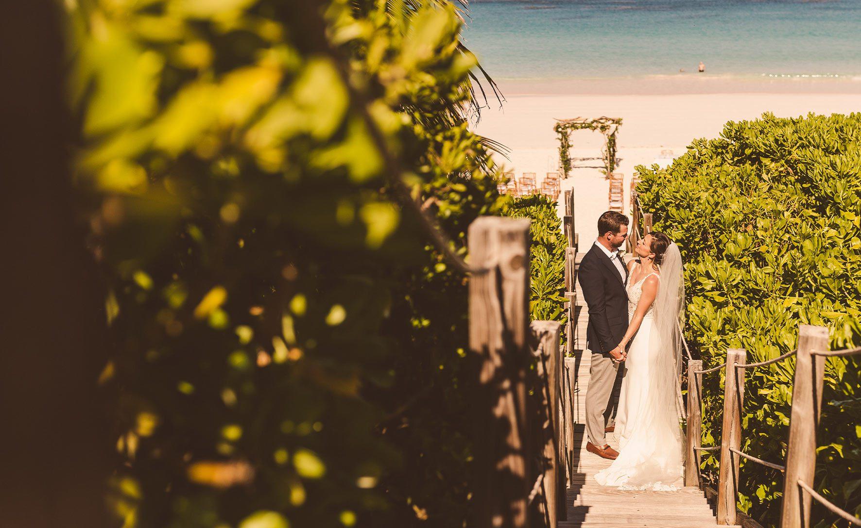 bride and groom on the boardwalk