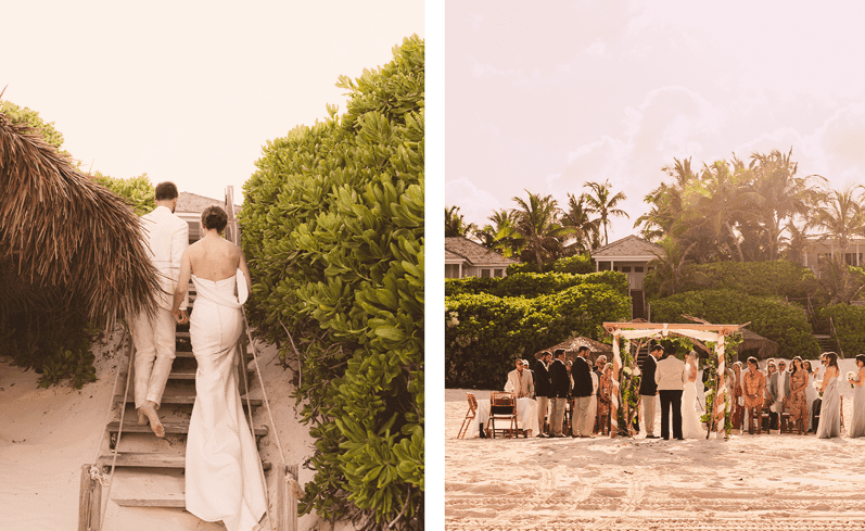 Bride and groom walking up the stairs to Coral Sands