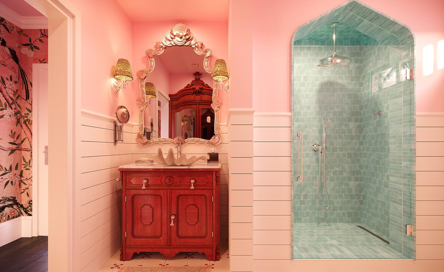 guest room bathroom with shell sink and turquoise tiled shower