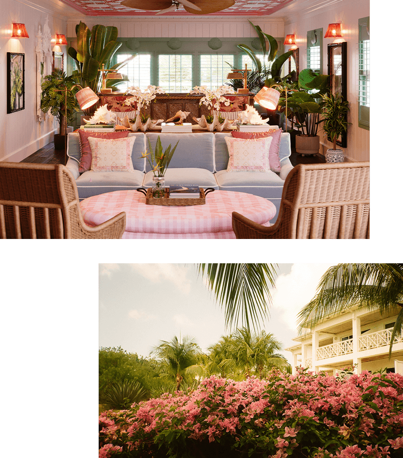 lobby seating and bugonvillas in front of resort