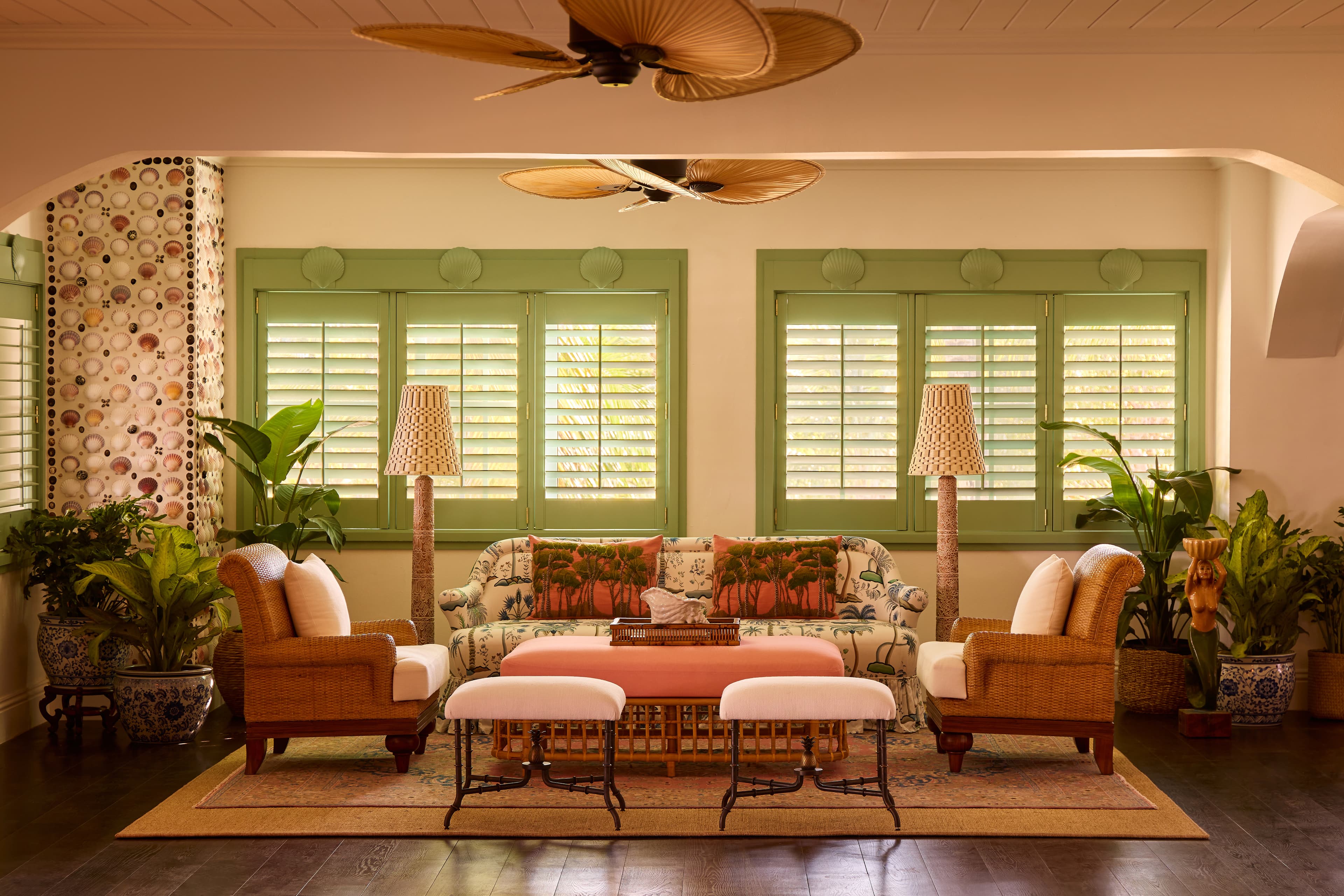 Lounge area with colorful furniture and big windows