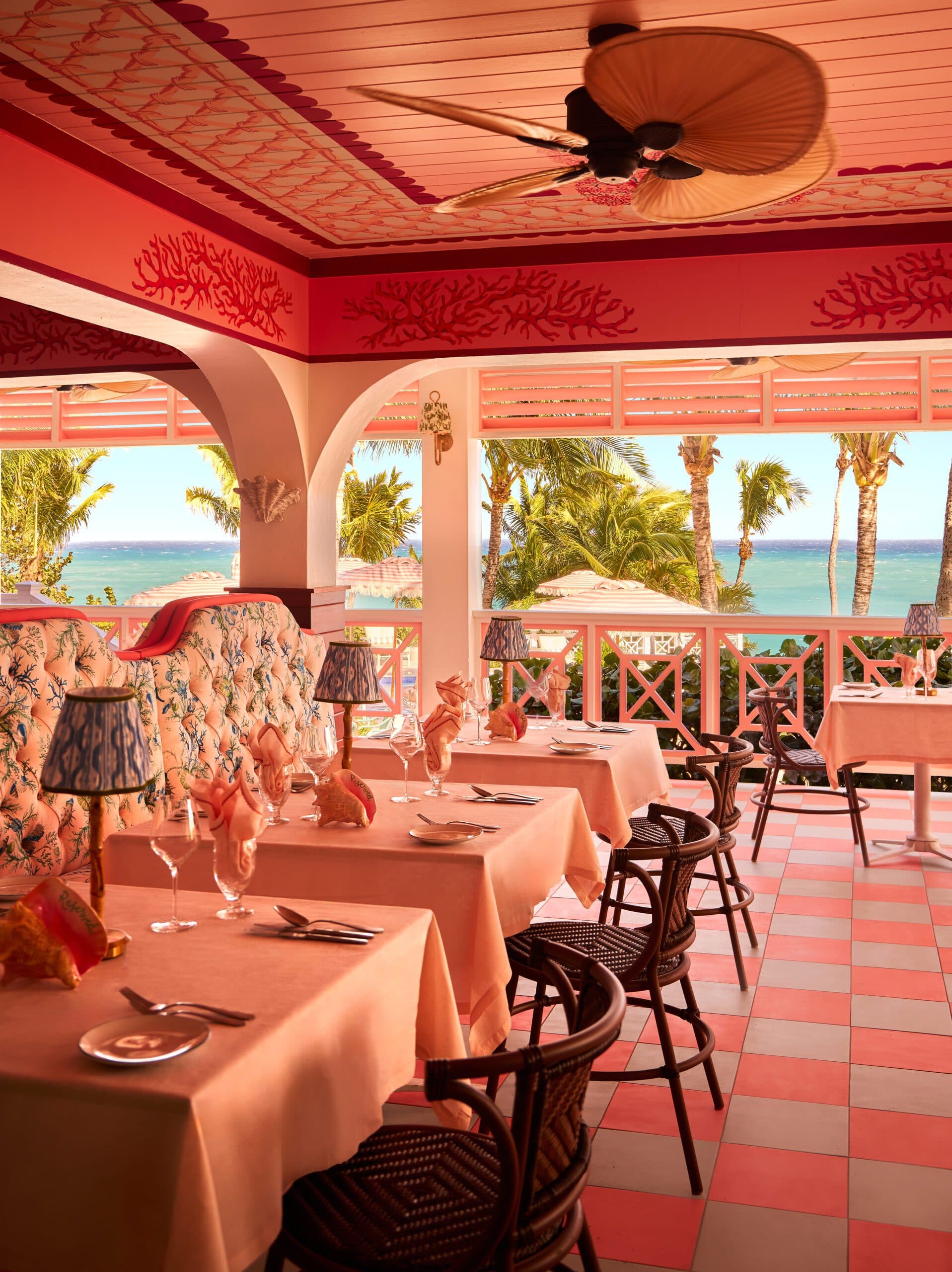 Pink Mermaid restaurant with an ocean view