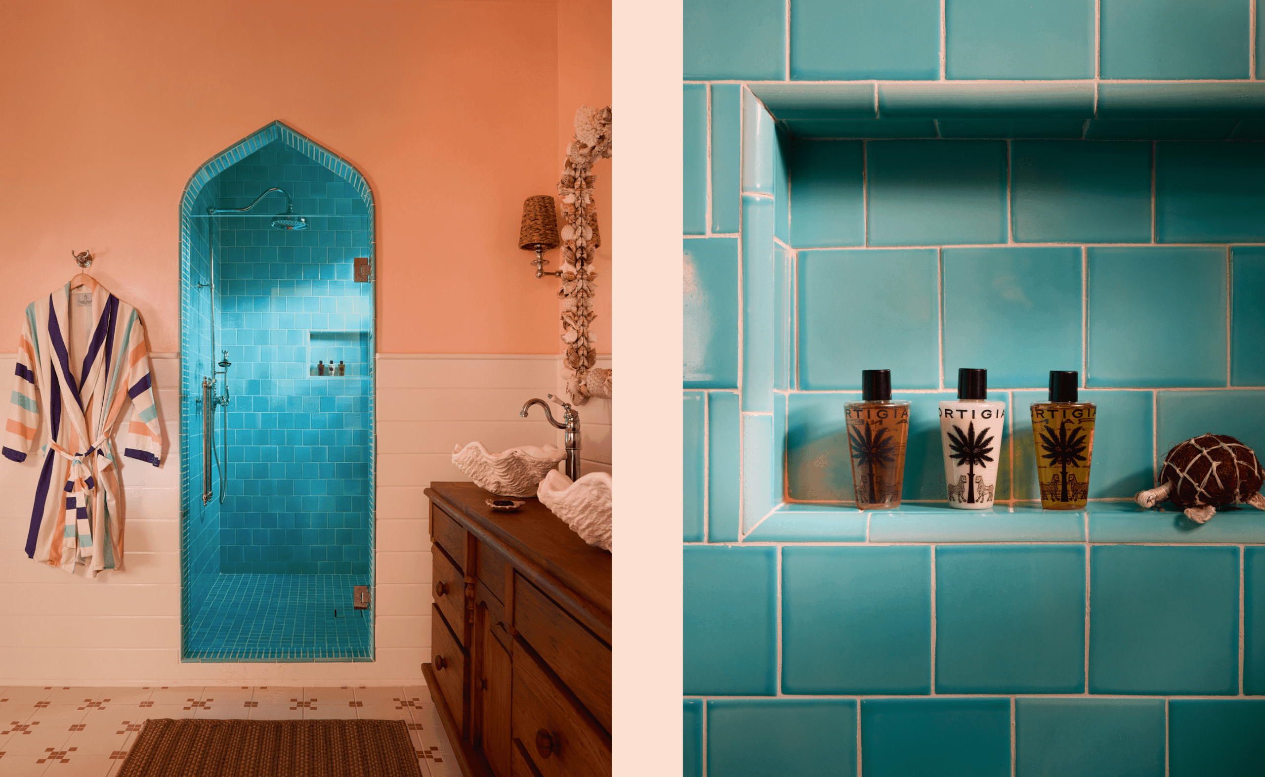 blue tile shower and ortiga bath products